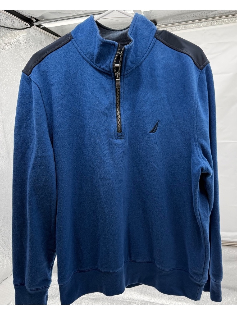 Nautica Men's Blue and Black Quarter Zip Pullover Sweatshirt Size L